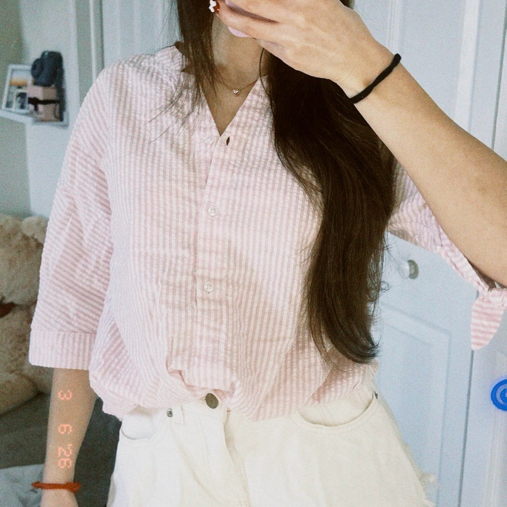 Light Pink Striped Button-Front Women's Top
